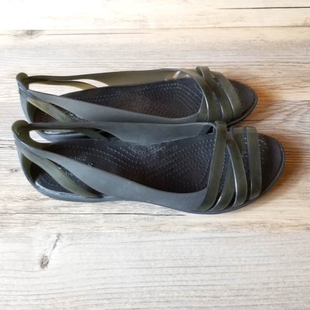 Crocs Isabella Huarache 2 Flat Black Slip On Flat Heel Sandals NWOT